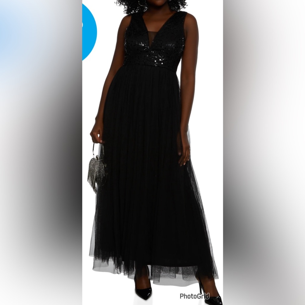 Woman V neck sequin tulle maxi dress